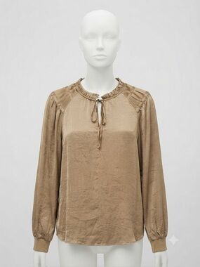 Anthropologie Philosophy Gold Satin Blouse XL Puff Sleeve Ruffle Neck Fall